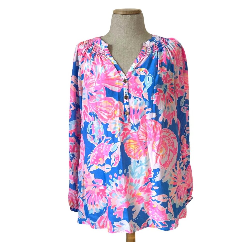 Lilly Pulitzer Women's Size M Print Smocked Neck Button-Front Silk Blouse Top